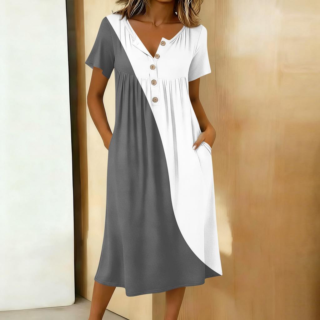 Women's Fashionable Retro Printed Round Neck Short Sleeved Button Neck Mid Length Casual Dress