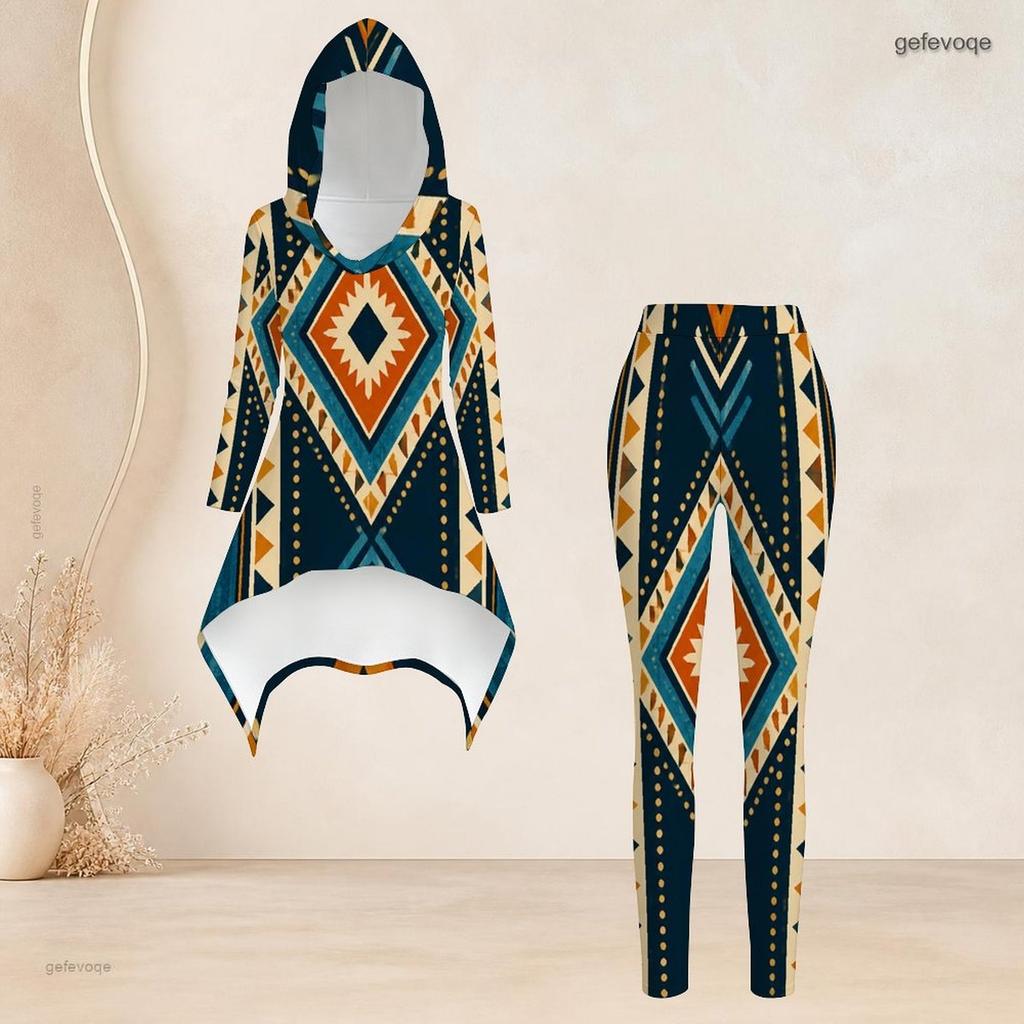 Women Plus Size Two Piece Set Hooded Long Sleeve Plaid Printed High Low Top And Fitted Pants