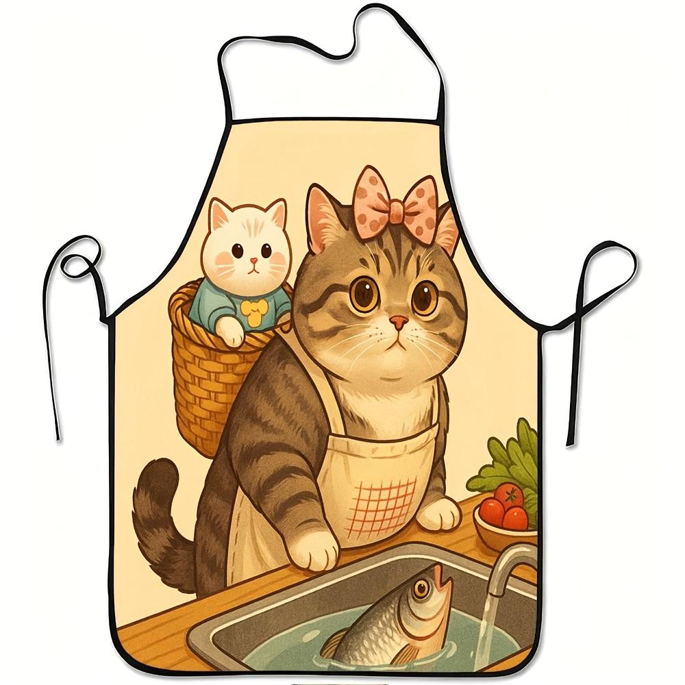1pc Cute Kitten & Fish Print Apron with Kitten & Fish Cooking - Durable Polyester, Adjustable Waist Belt Suitable for Kitchen, Gardening, Picking, Chr
