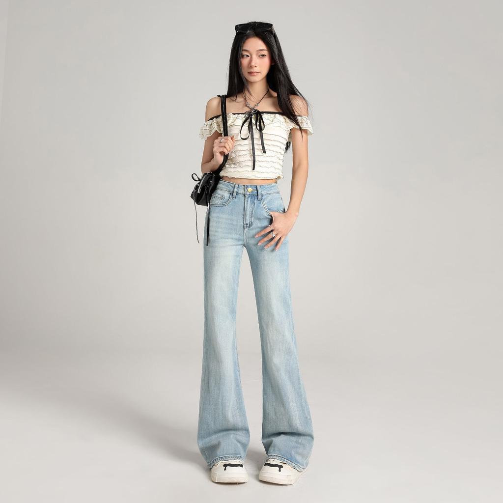Spring Summer Vintage High Waist Non Cling Wide Leg Micro Flare Stretch Slim Elegant Denim Casual Pants Female Casual Pants Oversize Denim Trousers