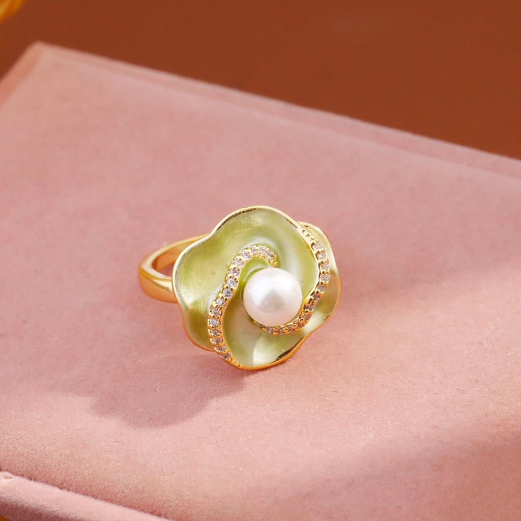 2025 Neuer Emaille Tropföl Kamelie Perlenring, Damen Modering, Leichter Luxus Temperament High-End Ring, Verstellbarer Ring