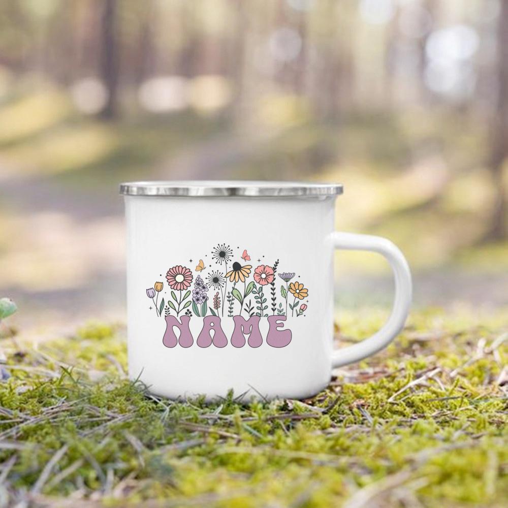 Personalised Flower with Name Coffee Cup Drinks Water Mug Custom Enamel Camping Mug Outdoor Cups Festive Birthday Gift for Her