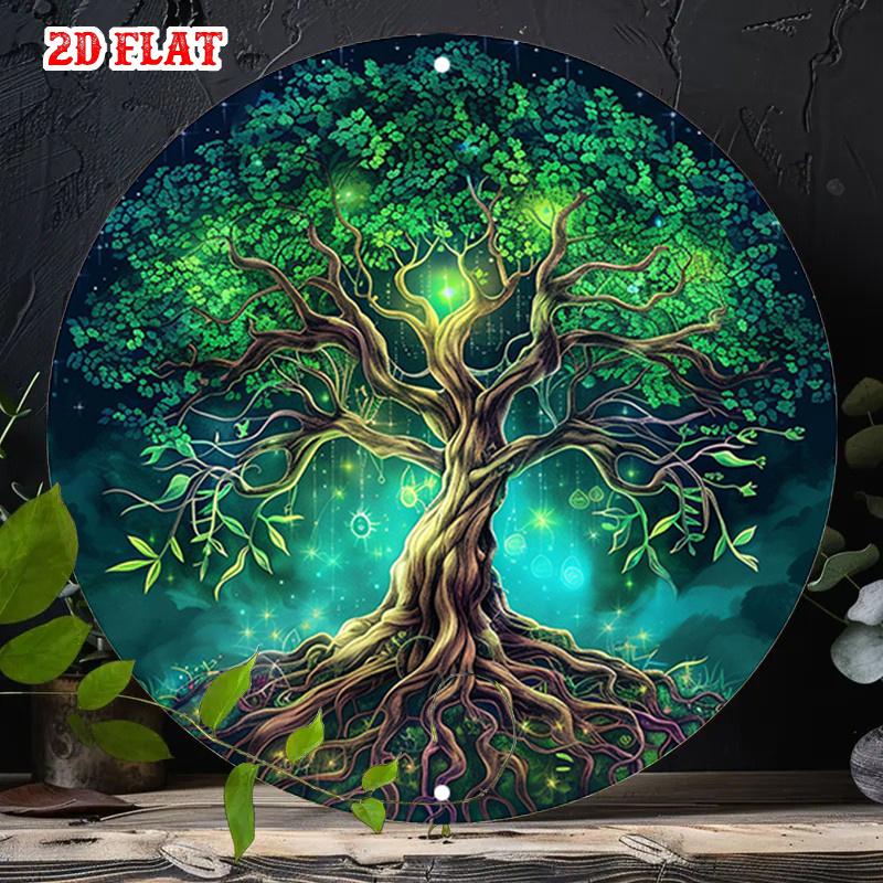 D Flat Fantasy Tree of Life Metal Sign Celtic Yggdrasil Glowing Forest Wall Art Magical Woodland Decor Norse Mythology Sacre