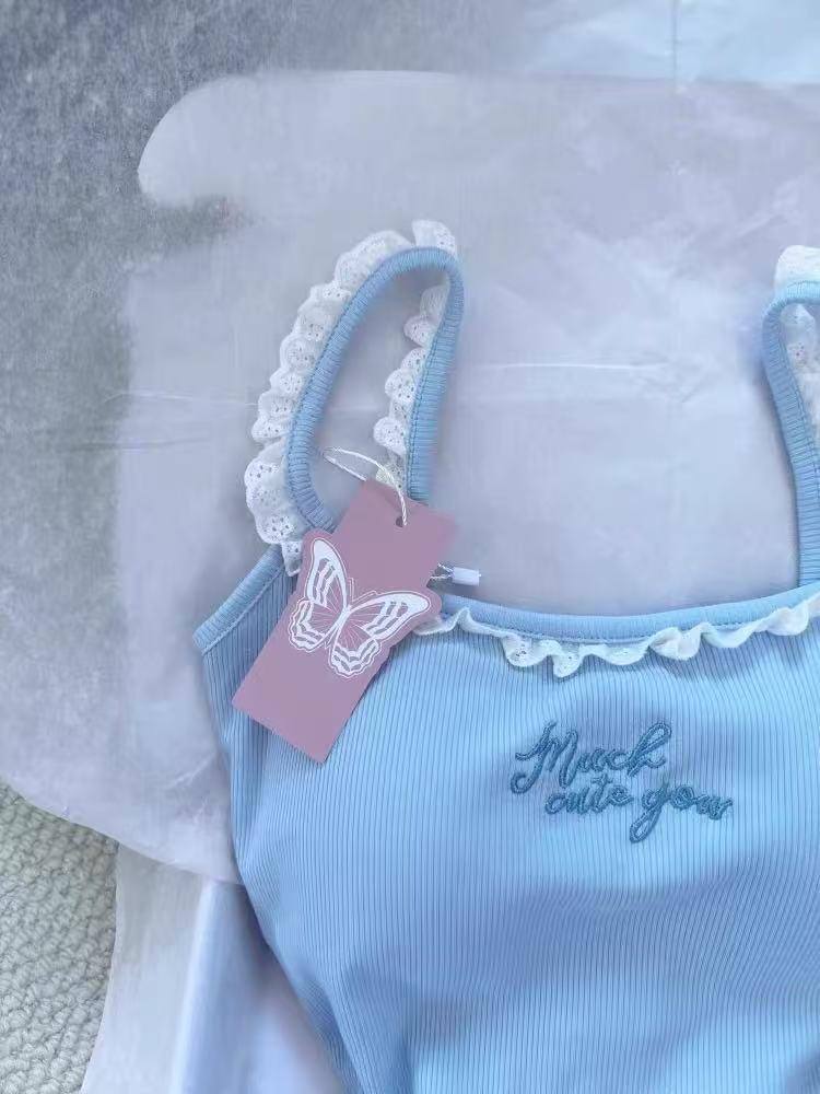 Dopamin Blaue Spitze Gepolstertes Camisole Tanktop - Damen Innen-/Oberbekleidung mit Schönem Rückendesign.