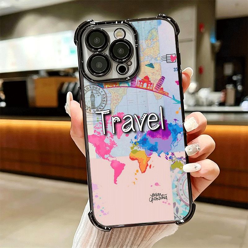 Travel Map Artistic Pattern Plating Phone Case For Iphone 16 17 Pro Max Air 16E 14 15 Plus 12 13 Mini Anti-Fall Airabag Cover