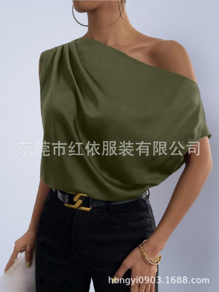 Women's Satin T-shirt Summer TK European and American Women's Clothing New Slanted Shoulder Solid Color Versatile Off-shoulder Top Women