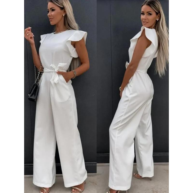 

Элегантный женский модный белый комбинезон с рукавами-бабочками, однотонный, повседневный, с круглым вырезом, с поясами, комбинезон с широкими штанинами, летний, для офисной леди, комбинезоны XS белый