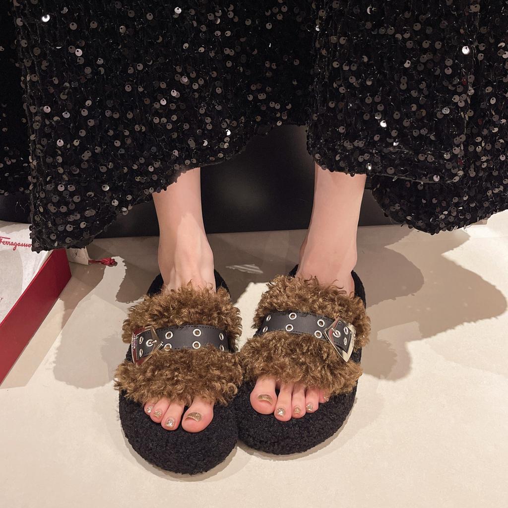Thick-bottomed curled fluffy slippers for women's outer wear, velvet warm and fashionable one-word belt buckle 2025 autumn and winter new cotton sl