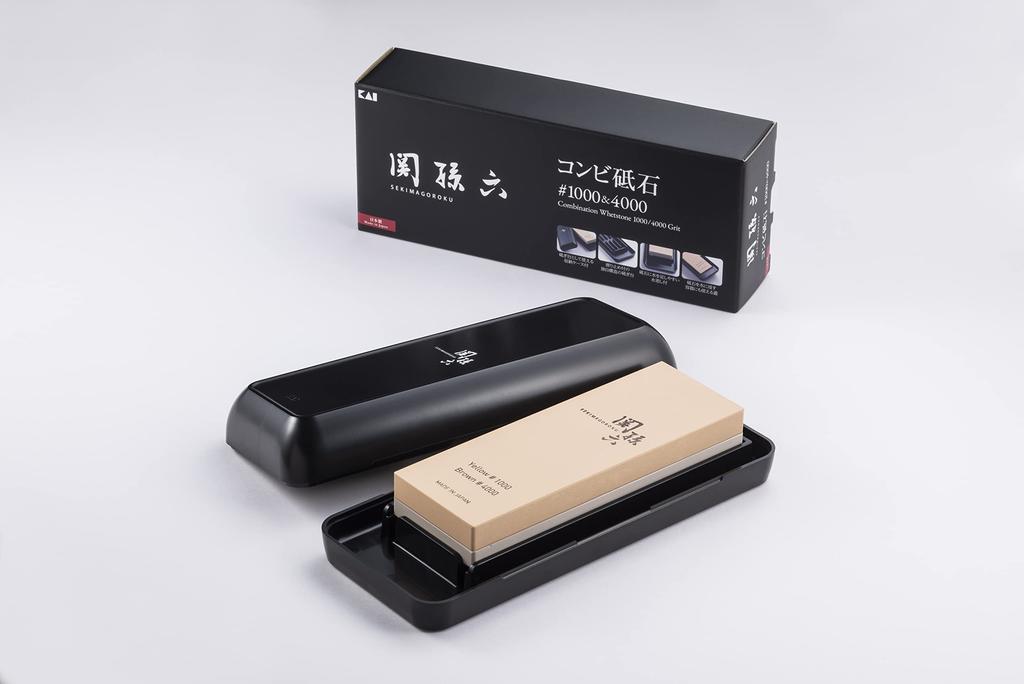 Kai Seki Magoroku Combination Knife with Storage Made in AP0334 Sharpener, #1000 & #4000, Case, Japan, Black,