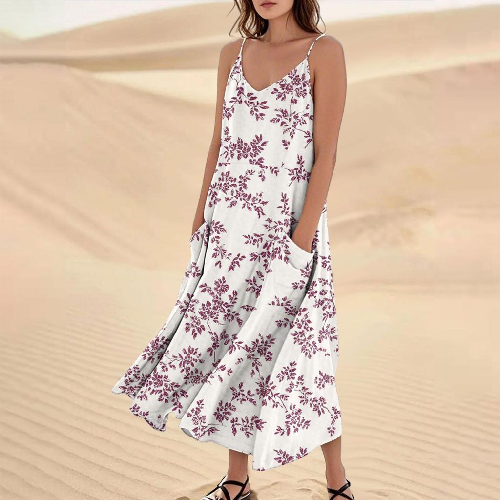 Damenmode Lässig Ärmellos Tasche Langes Strandkleid mit Blumendruck