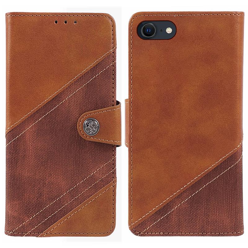 

For iPhone 16e Case Splicing PU Leather Wallet Stand Phone Cover Brown