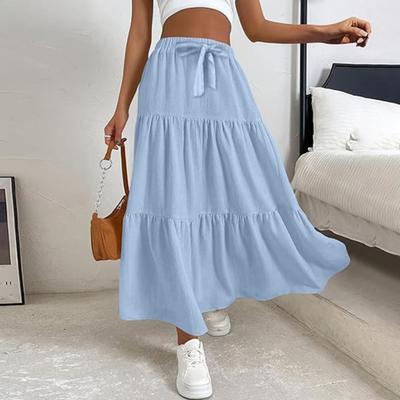 Maxirock für Damen, elastische Taille, verstellbarer Kordelzug, Rüschennähte, knöchellanger Rock, einfarbig, A-Linie, atmungsaktiv, langer Rock