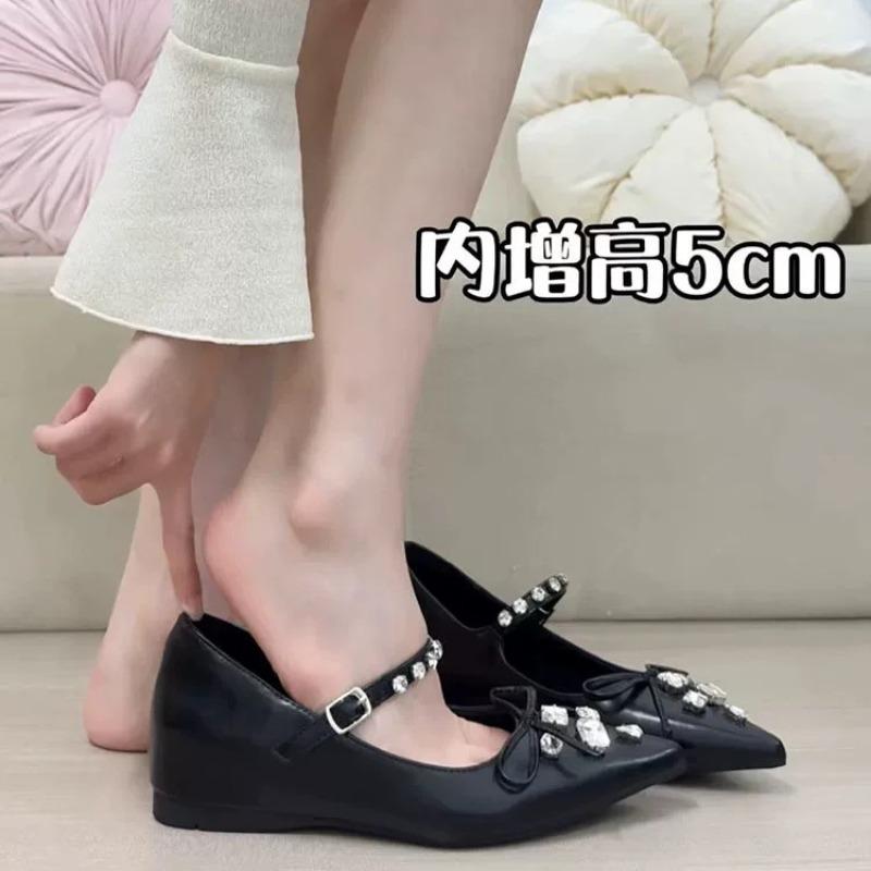 Small Inside Heightened Pointed Toe Shallow Slip Rhinestone Bow Single Shoes for Women One Strap Mary Jane Shoes for Women