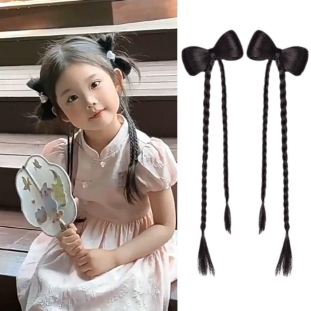 2pcs Hair Bands Children Bowknot Ponytail Fake Braids Twist Braid Wig Pony Tail Hairpiece Girls