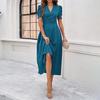 Summer Women's Fashion Chic High Waist Solid Short Sleeve Ruched Dress