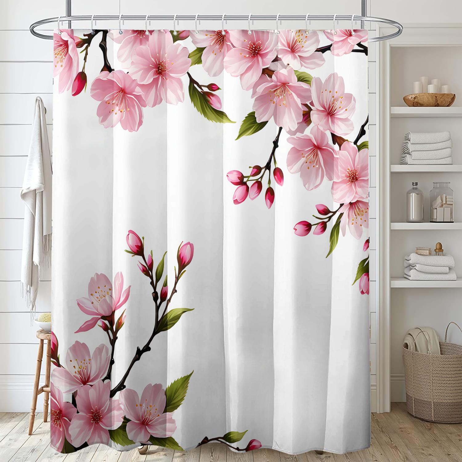 Charming Pink Cherry Blossom Shower Curtain for a Nature-Inspired, Elegant, and Serene Bathroom Decor with Floral Design W90XH180cm