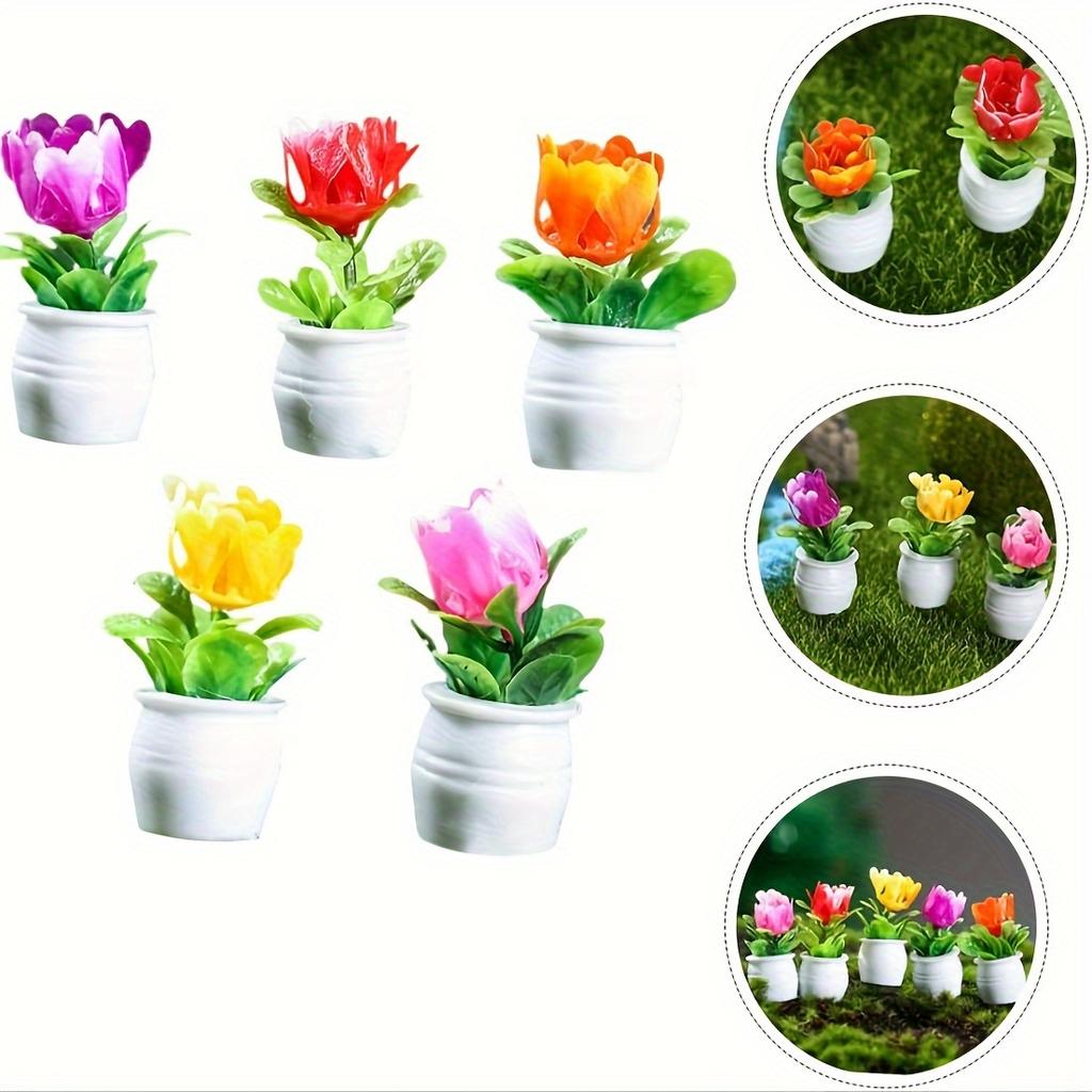 5pcs Resin Mini Flower Pot Crafts for Dollhouse Decoration - Small Bonsai Plant Pots with Toy Flowers for DIY Micro Scenes