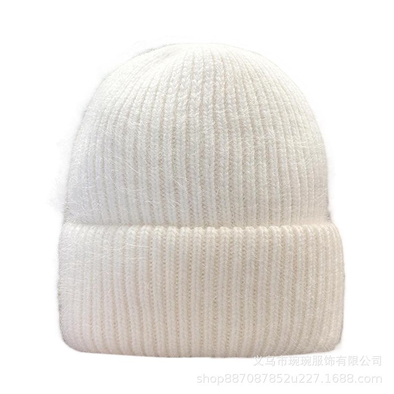 Winter angora rabbit fur warm solid color light board wool hat women's autumn and winter candy color vertical striped knitted hat
