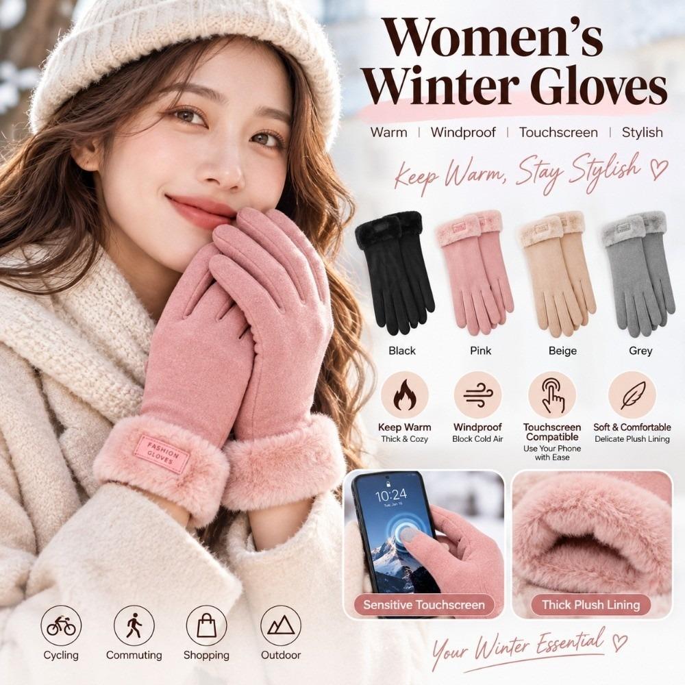 Fuzzy Cuff Warm Winter Gloves Anti Slip Sports Cycling Mittens Thickened Thermal Gloves  Skiing