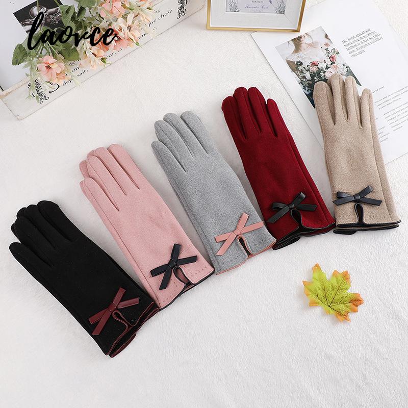 Winter Women Lovely Gloves Girl Fashion Wrist Bow Youth Students Full Finger Cycling Keep Warm Touch Screen Mittens Female
