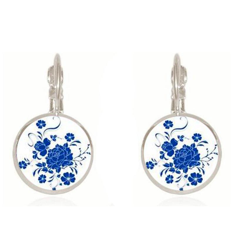 Vintage Mandala Flower Earrings Ethnic Blue And White Porcelain Glass Dome Earrings For Women