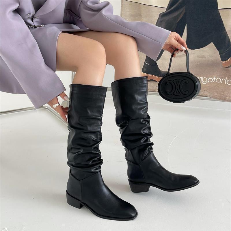 2025 Autumn and Winter Retro Square Head Sleeve Boots Western Boots Knight Boots Women's Foreign Gas High Tube Pleated Knee Boots Thick Heel