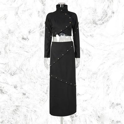 Fashionable Two-piece High-neck Metal-buckle Short Top + Straight Long Skirt
