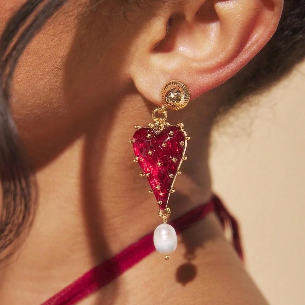1 Pair Red Color Love Heart Earrings Heart Shape Baroque Earrings Dangle Earrings  Women Jewelry