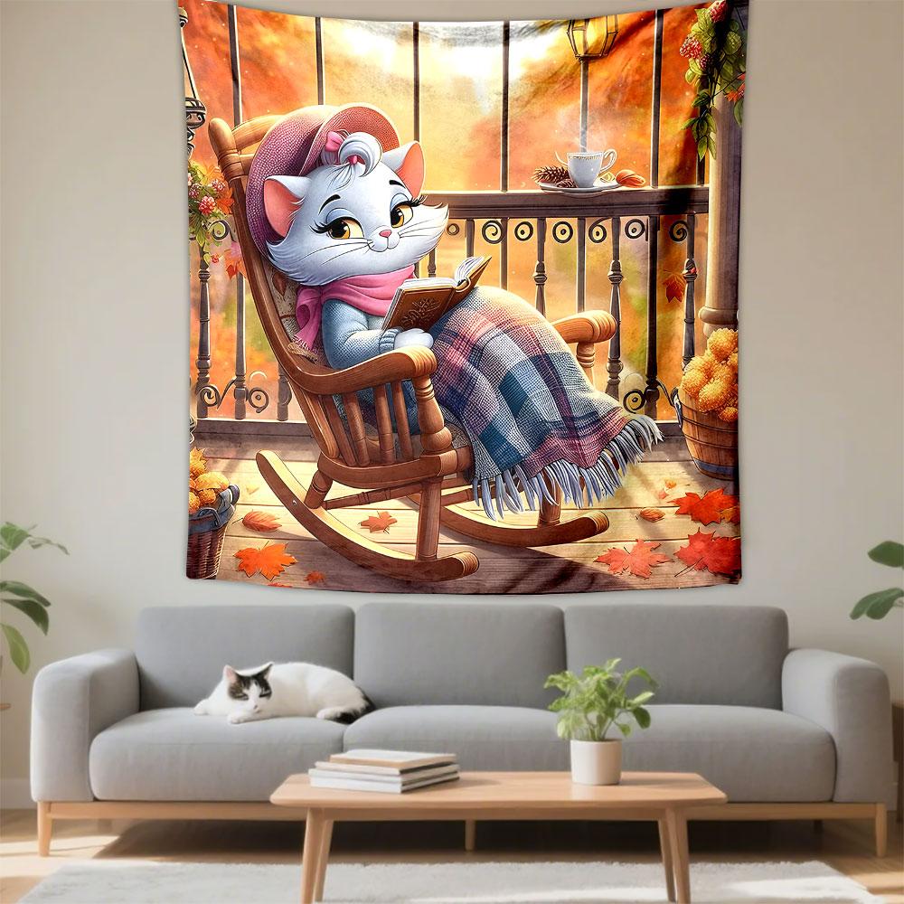 Cozy Cat Reading on Autumn Balcony Patterned Tapestry Decorative Wall Hanging, Home Bedroom Living Room Decor