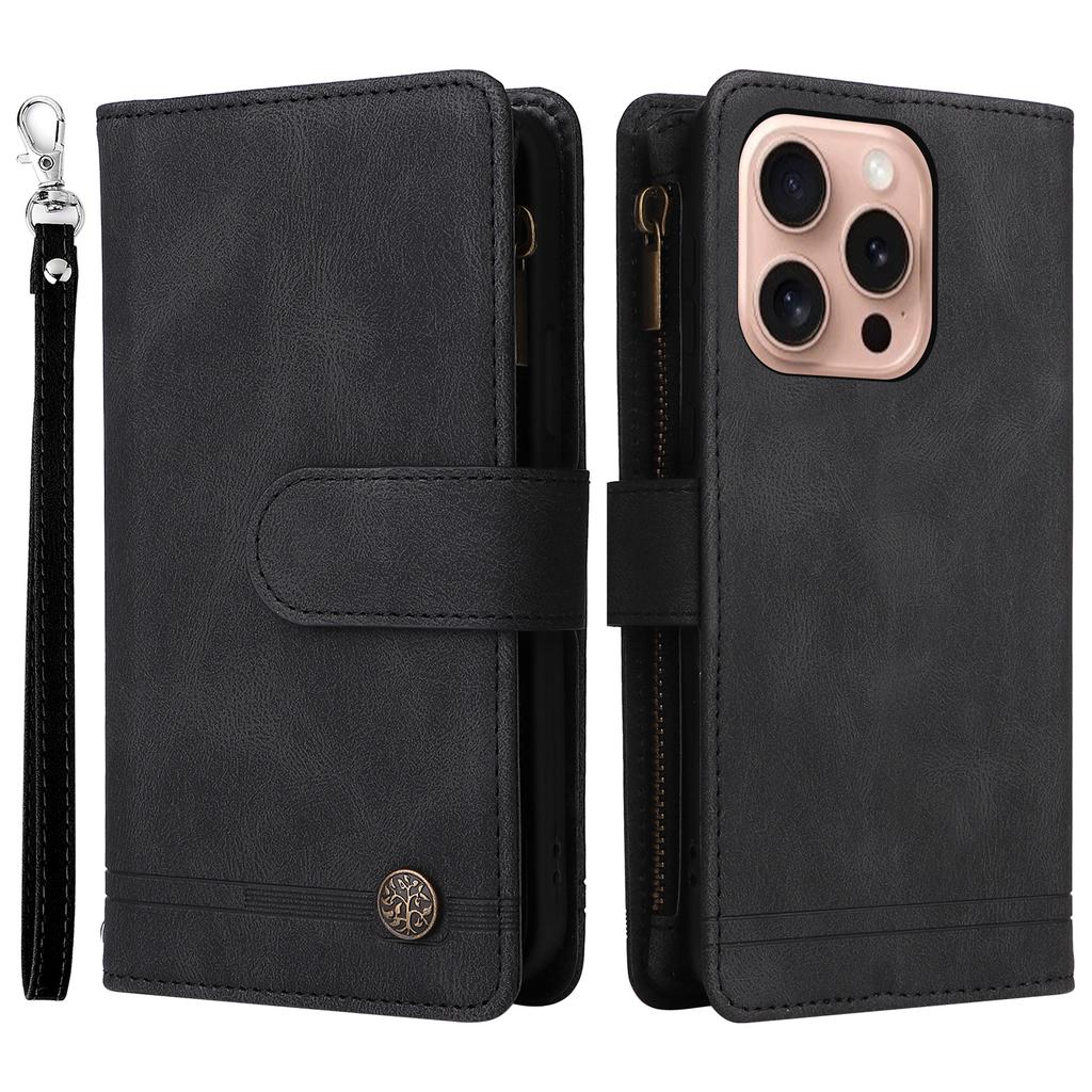For iPhone 16 Pro Case Leather Folio Wallet Phone Cover with Stand Zipper Pocket