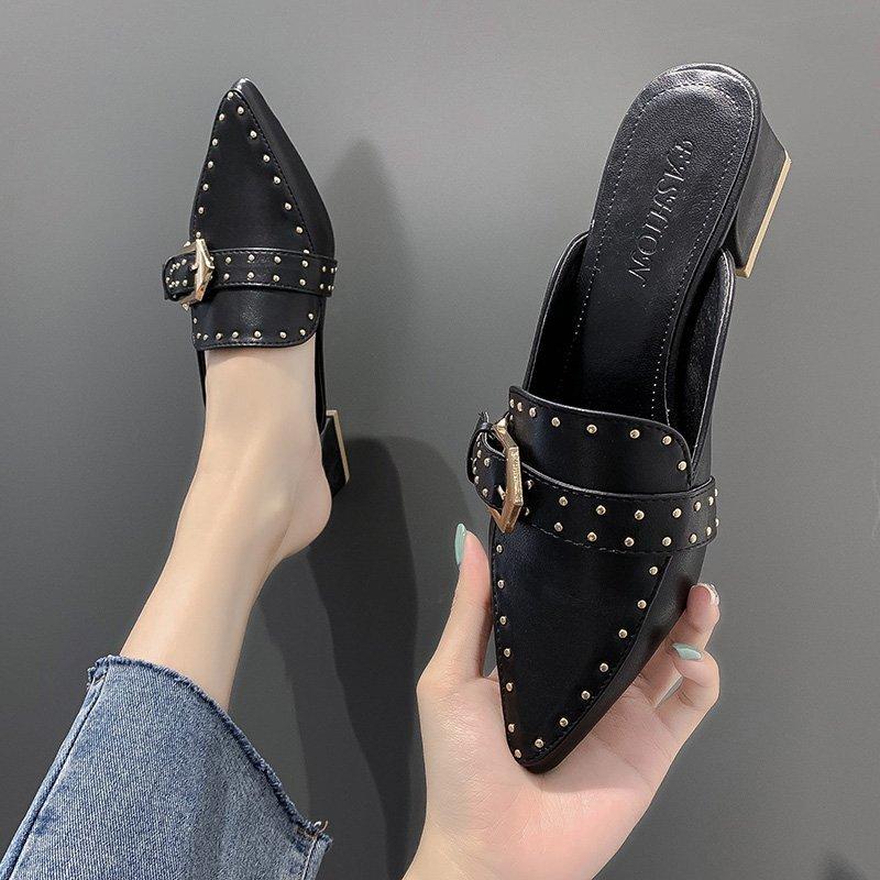 Fashion Women's Baotou Slippers Spring New Pointed Head Shallow Mouth Rivets Metal Buckle Anti-slip Wear-resistant High Heels