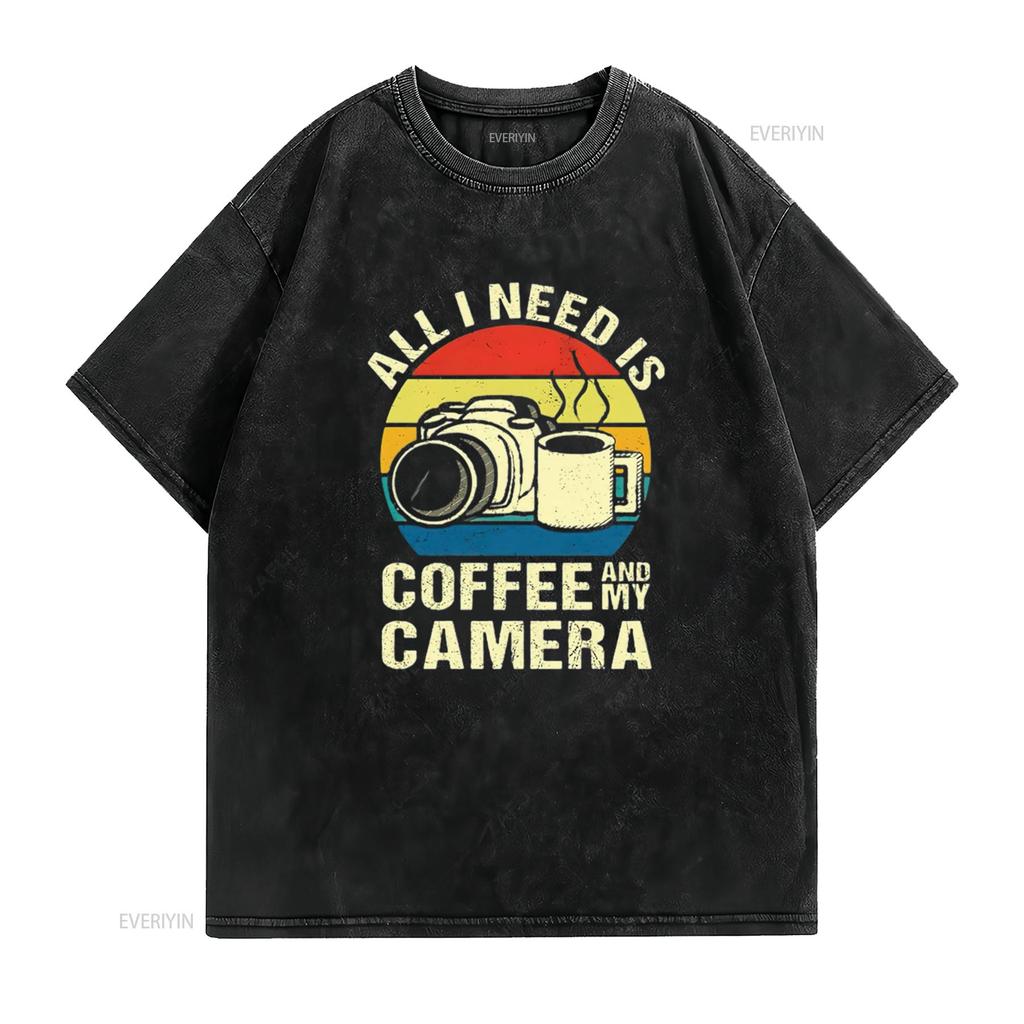 Womens Retro All I Need Is Coffee And My Camera Photography short Sleeve T Shirt Black Medium vintage Washed Stylish Breathable