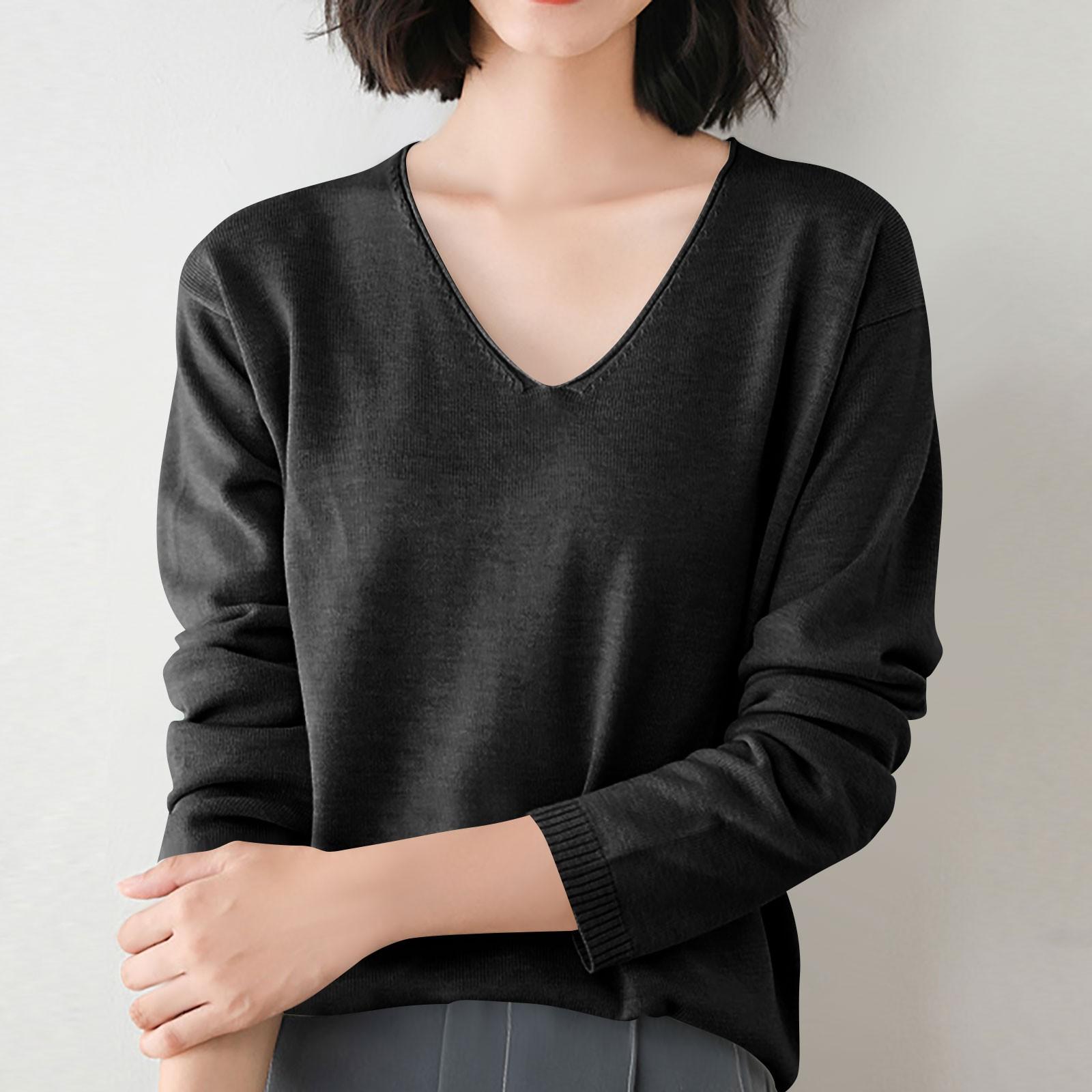 

Женская мода свободный трикотажный свитер нижняя часть рубашки V-образный вырез пуловер длинный рукав однотонный топ XL чёрный