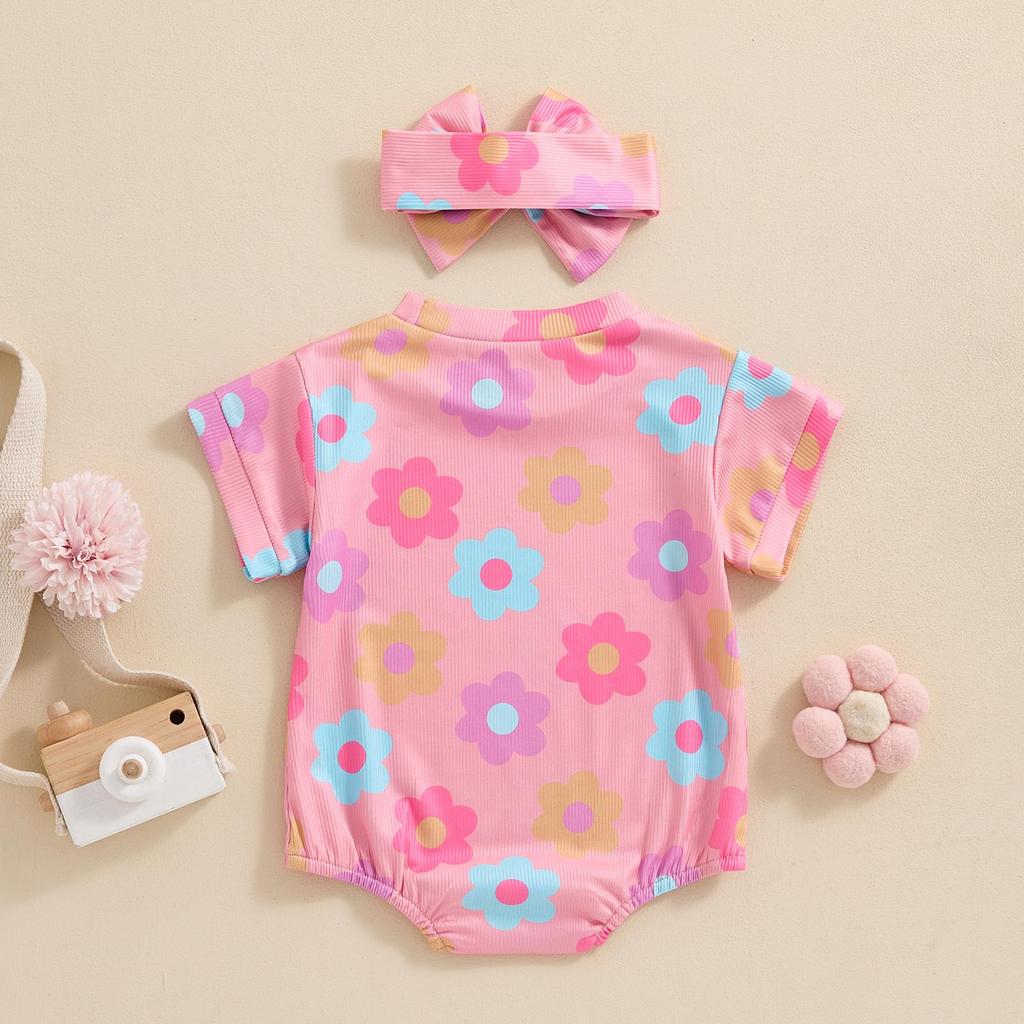 Baby Girls Summer Casual Romper 3 6 12 18 Months Short Sleeve O Neck Floral Print Romper with Headband