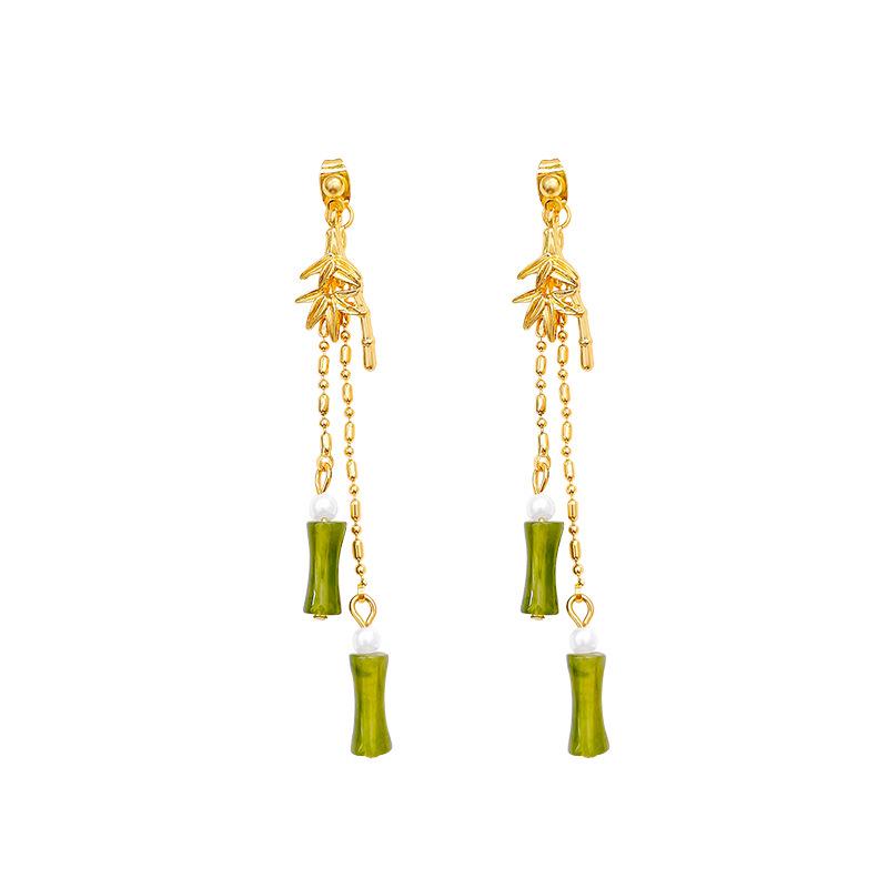 Olive Green Tassel Bamboo Earrings: Women's Chinese Style, Qipao-Inspired Leaf Ear Cuffs