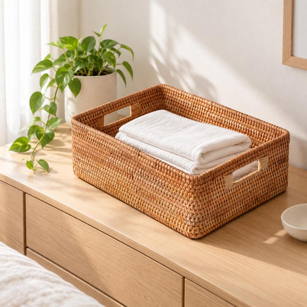 Rectangular Rattan Storage Basket with Handles Sturdy Handwoven