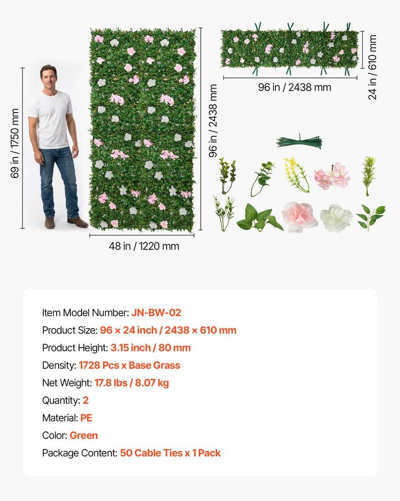 Artificial Luxury Flower Wall Backdrop, 2 PCS, Each Panel 61 x 243.8 cm, Gorgeous 3D Silk Floral Backdrop Pet Friendly, Easy Installation Flower Wall