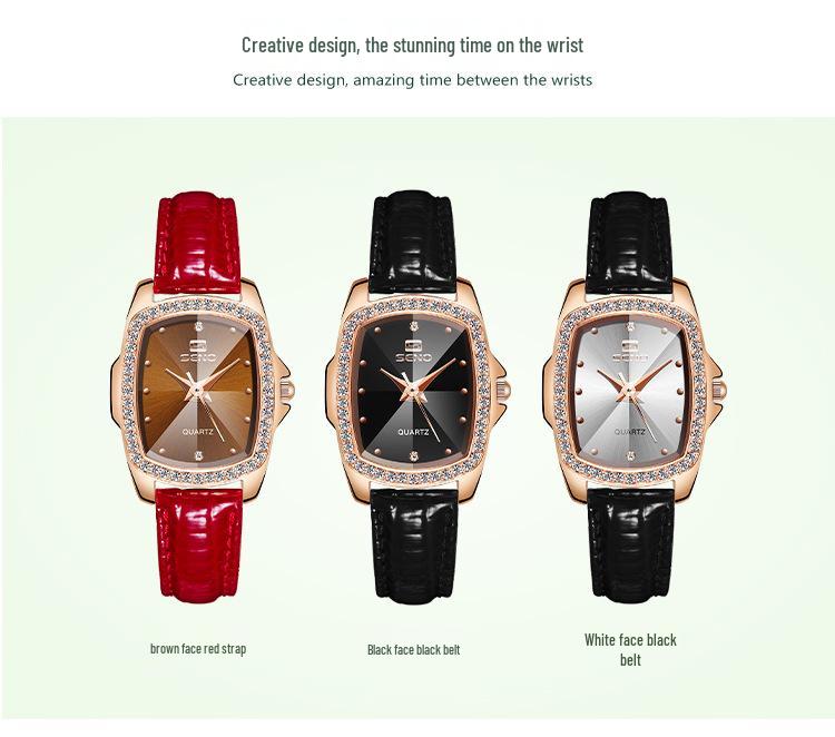 SENO Retro Square Diamond Damen Lederarmbanduhr - Schlichtes Wasser-Diamant-Quarzdesign