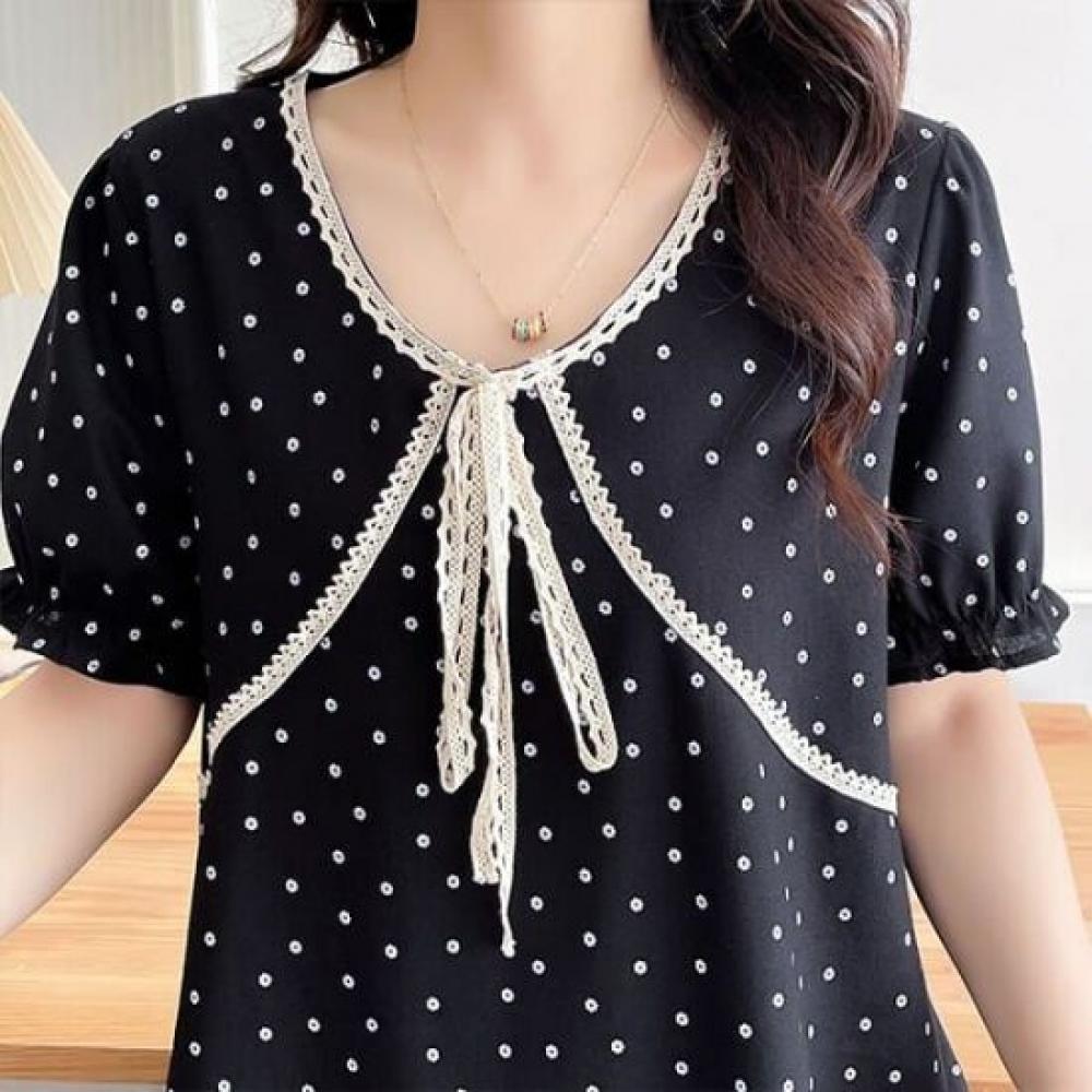 NaVaVa Women LoVely Dot V Neck Lace Short sleeVe Blouse Nb2669