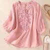Women V-neck Shirt Elegant Floral Embroidered V Neck Blouse for Women Stylish Three Quarter Sleeve Loose Fit Shirt