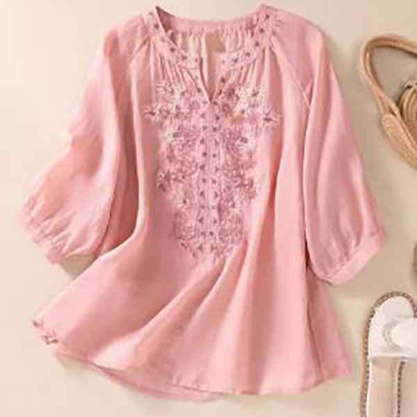 Women V-neck Shirt Elegant Floral Embroidered V Neck Blouse for Women Stylish Three Quarter Sleeve Loose Fit Shirt