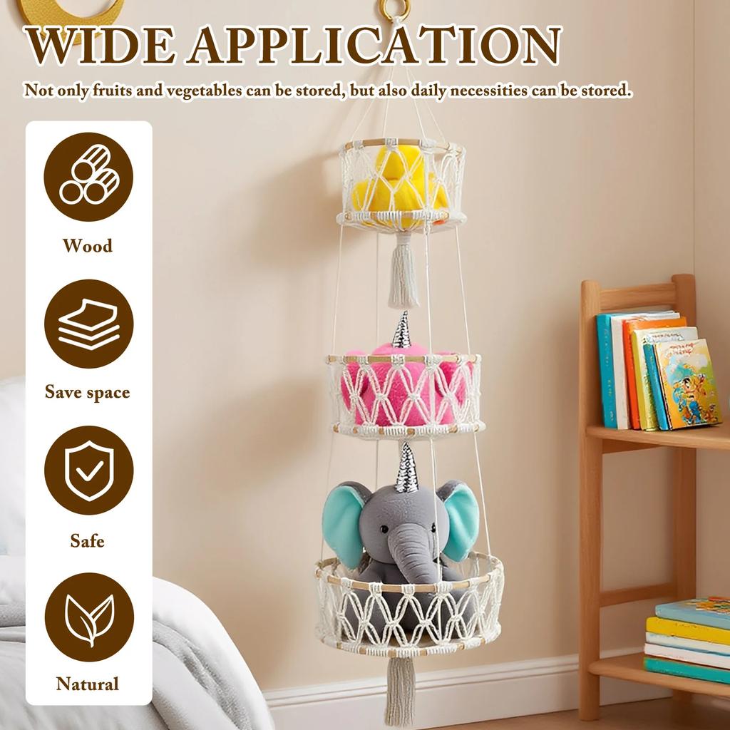 3 Tier Hanging Fruit Basket Handmade Woven Hanging Storage Basket Flower Pot Planter Hanger Garden Decoration Kitchen Basketry