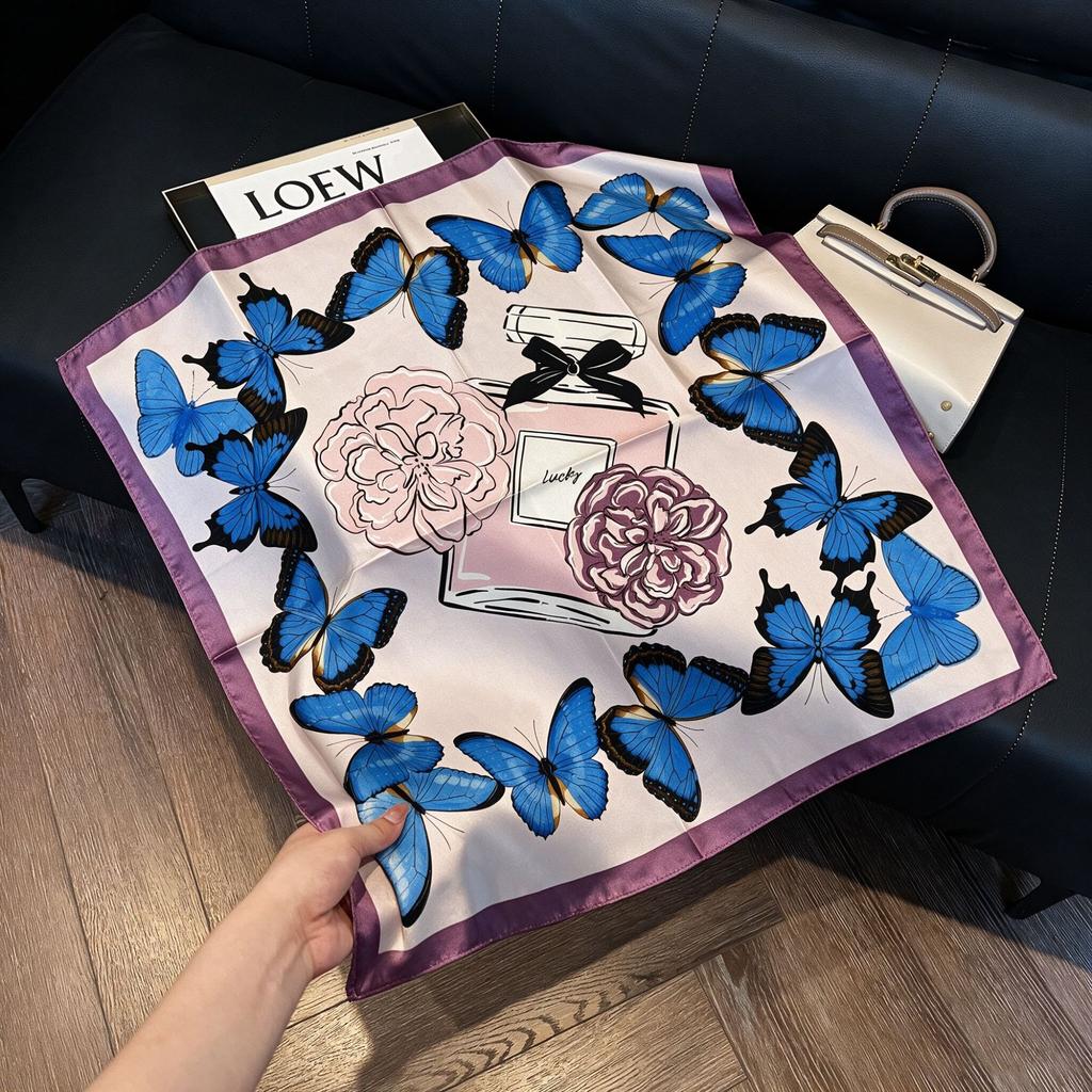 71Cm New Chinese Simulation Silk Square Scarf Soft and Skin-friendly Ink Flower Rhyme Printing Silk Scarf Neck Sunscreen Small Scarf
