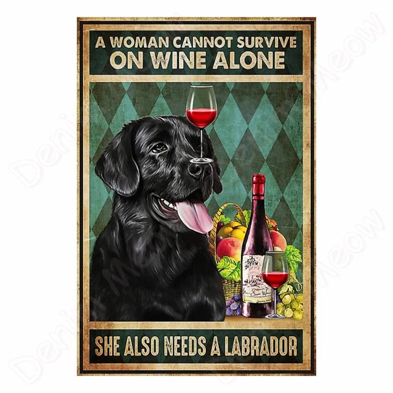 Vintage Bulldog Tin Sign for Home Wall Decor, A Woman Cannot Survive On Wine Alone, Funny Cat, Dog Metal Sign, Bar Decor