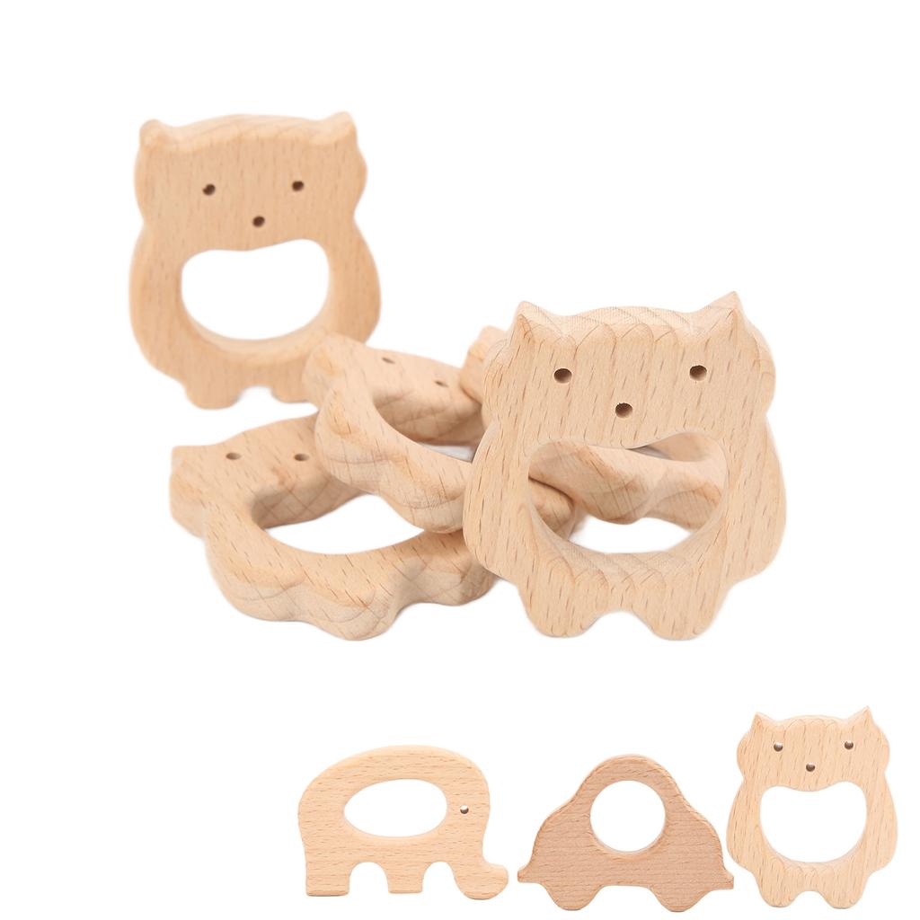 5Pcs Wooden Teether Toys Natural Beech Sturdy Durable Impact Resistance Smooth Safe Non Toxic Wood T