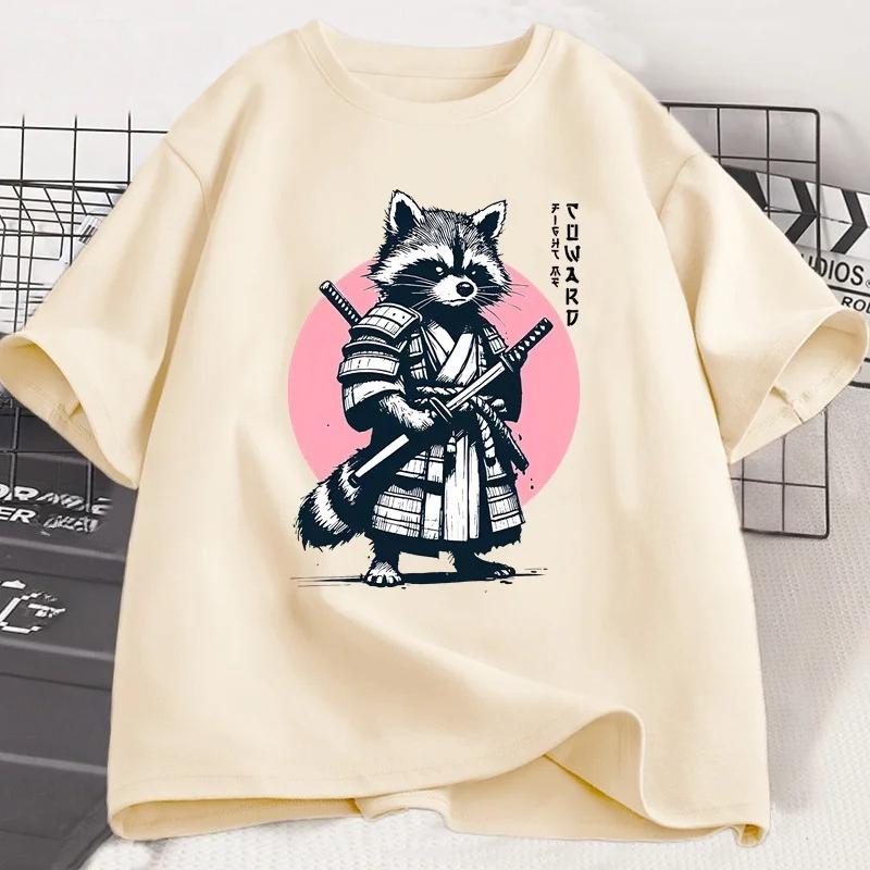 

Fight Me Coward Vintage Samurai Raccoon T Shirt Japanese Cat Funny Graphic Tshirt Short Sleeve O Neck Tees Women Clothing Y2K S