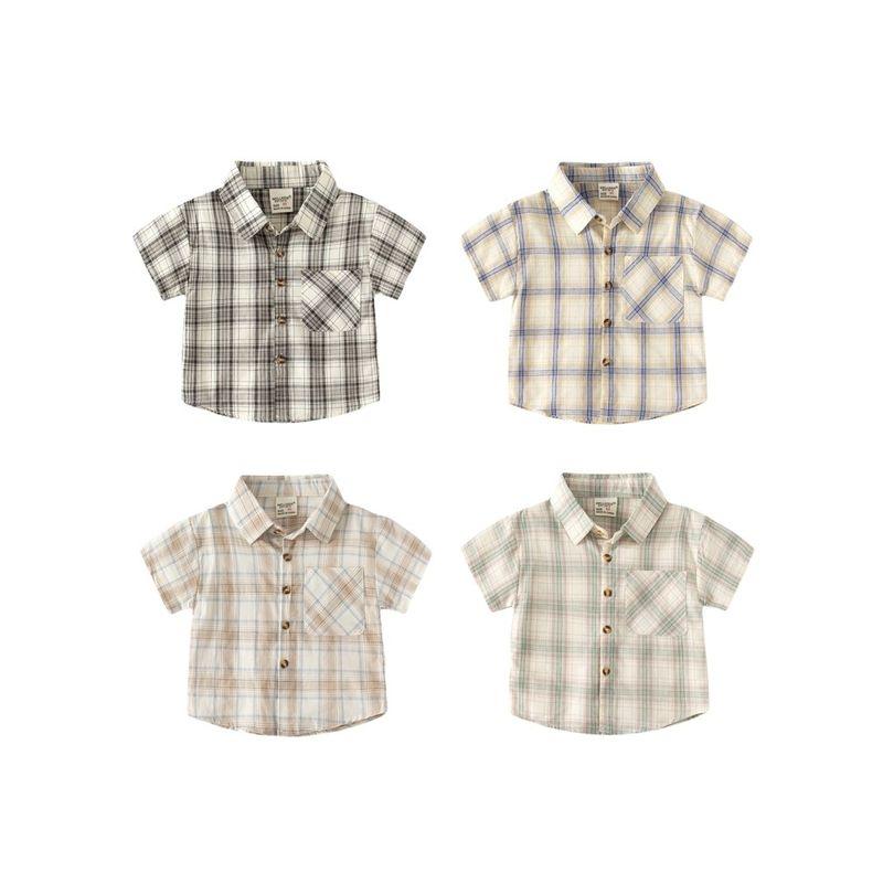Summer Boys' Short-Sleeved Plaid Shirt, Baby Boy Polo Shirt, Half-Sleeved Collared Top, Pure Cotton Kidsren's Shirt, Kidsren's Clothing