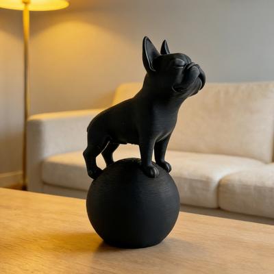 Standing On Ball Bulldog Figurine 3D Printed Black White Dog Statue Sculpture Home Office Desktop Decoration Ornament