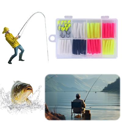 Soft Fishing Lures Kit with Split Tail Grub Worms Jig Head Hooks Silicone Artificial Bait Kit for Seasonal Trout Crappie Panfish