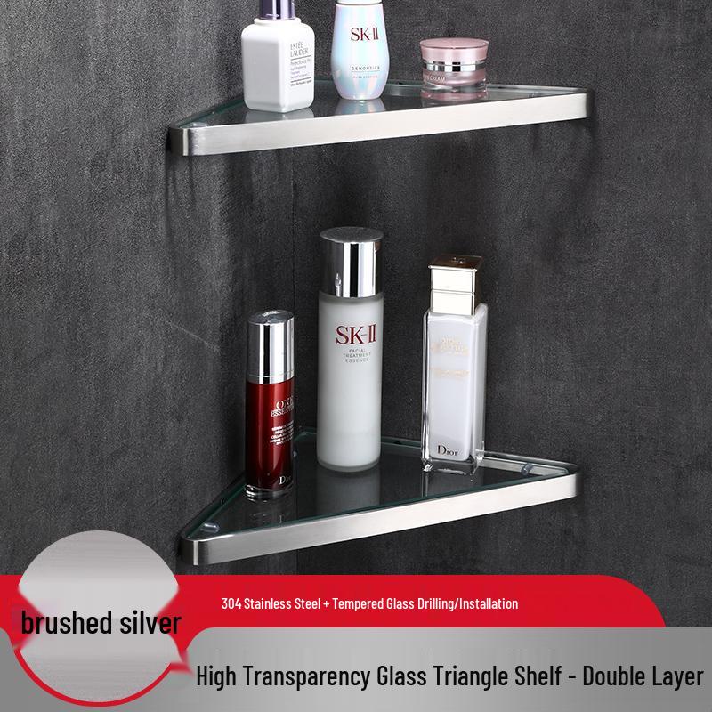 304 Stainless Steel Gunmetal Gray Corner Bathroom Glass Shelf